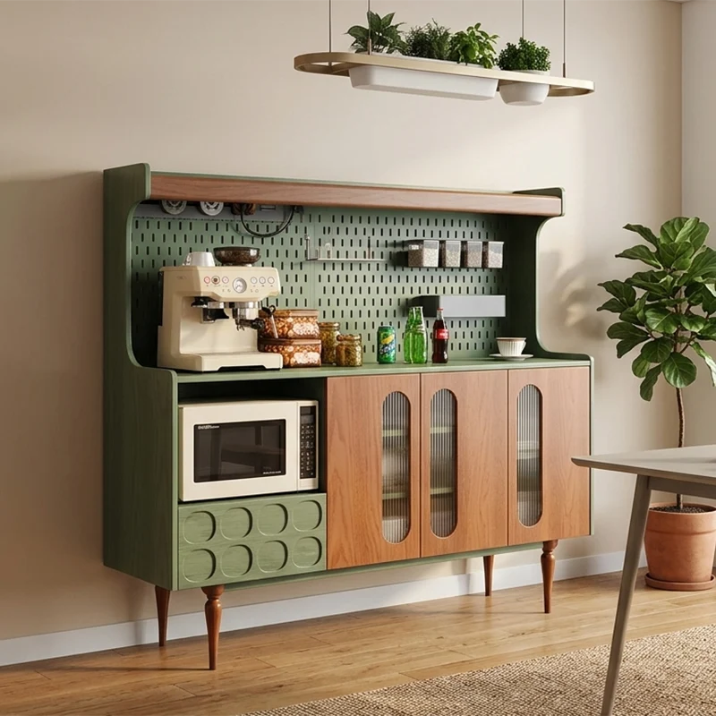 Traditional French Ash Wood & Plywood Sideboard Cabinet - 3 Door Storage Cabinet With Metal Pegboard, Drawer & Glass Doors