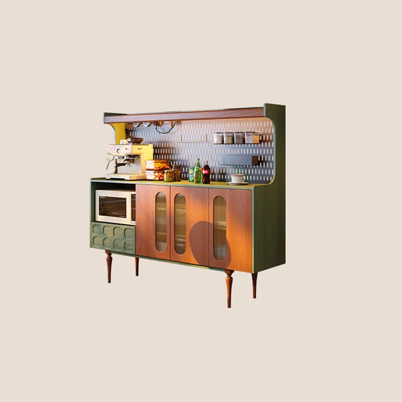 Traditional French Ash Wood & Plywood Sideboard Cabinet - 3 Door Storage Cabinet With Metal Pegboard, Drawer & Glass Doors