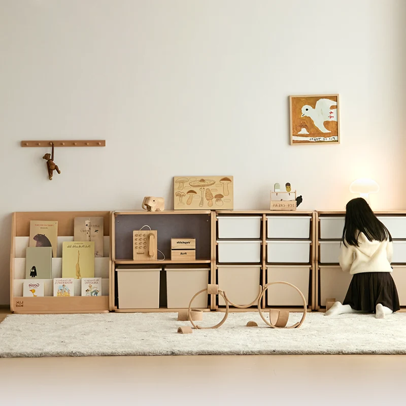Japanese-Inspired Beech Storage Cabinet - Removable Boxes & Rounded Edge Safety Design Kids Cabinet For Living Room & Bedroom