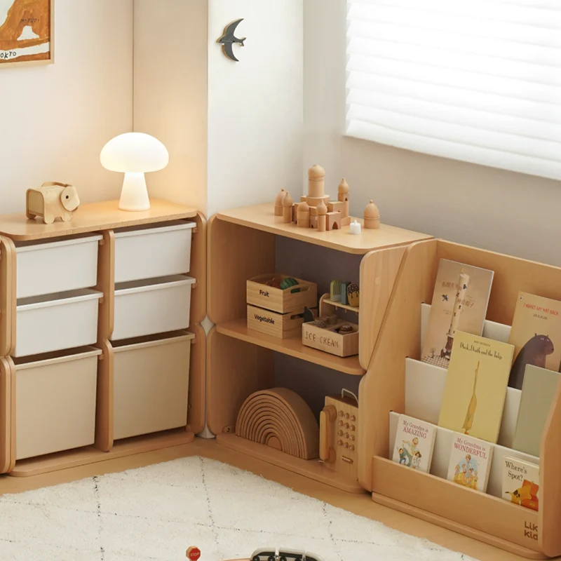 Japanese-Inspired Beech Storage Cabinet - Removable Boxes & Rounded Edge Safety Design Kids Cabinet For Living Room & Bedroom