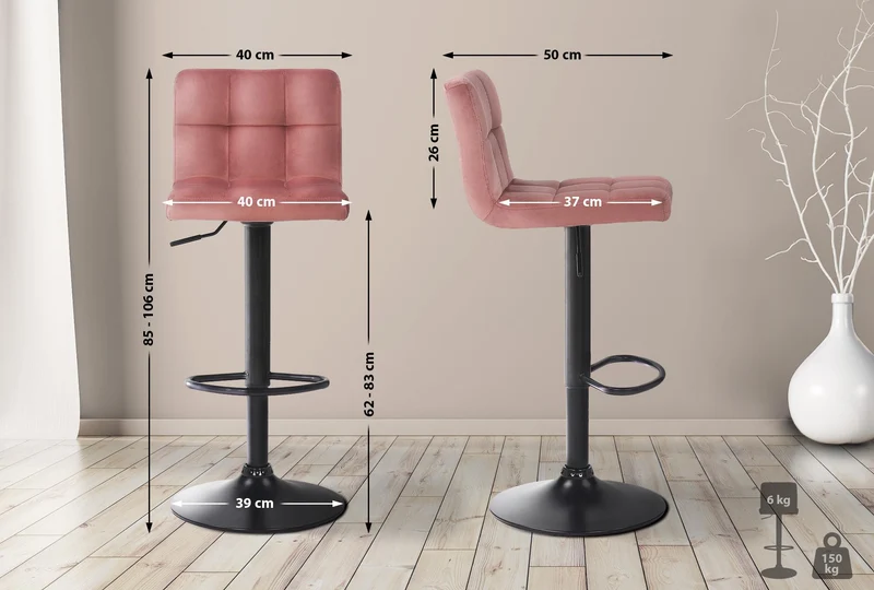 Lot de 2 tabourets de bar en velours rose coutures décoratives piètement métal noir 10_0006070