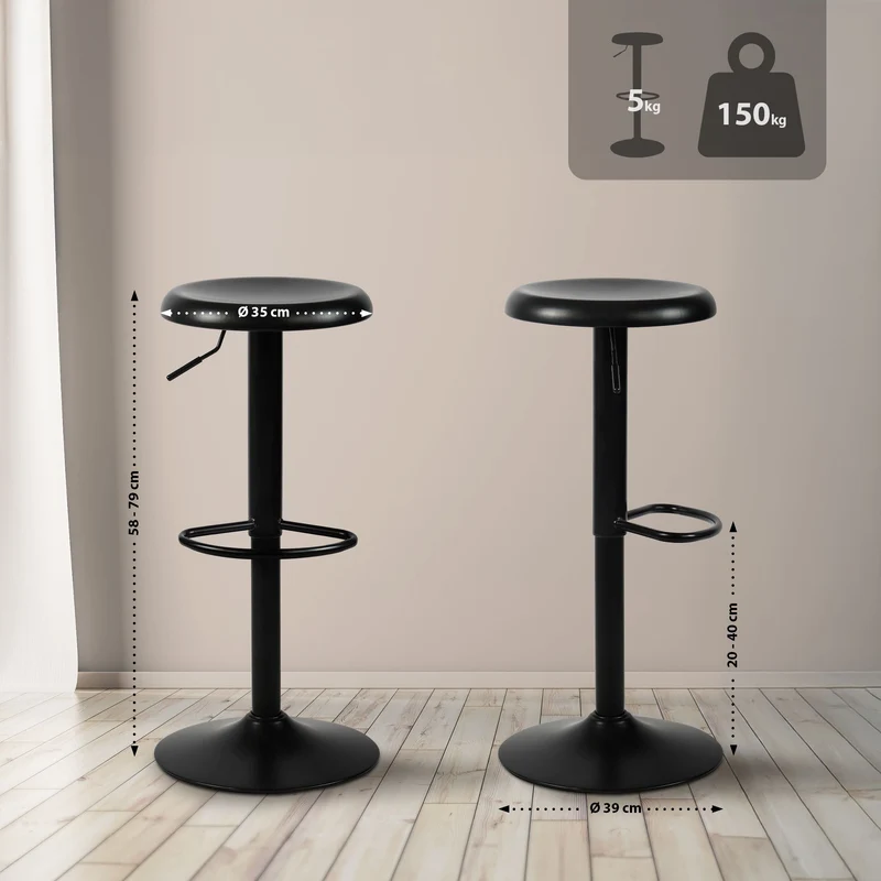 Set de 2 tabourets de bar hauteur réglable avec repose-pieds design moderne en métal noir 10_0005559