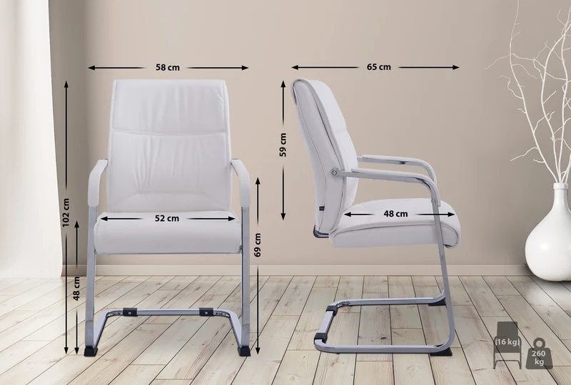 Fauteuil de bureau sans roulettes chaise visiteur sans roulettes jusqu'à 260kg en PVC blanc 10_0002775