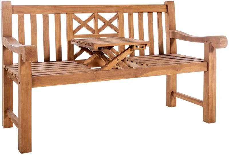 Banc de jardin avec accoudoirs dossier à croisillons 150 cm en bois de teck avec table rabattable centrale – 2 places 10_0007971