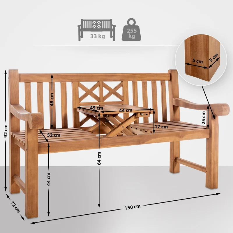 Banc de jardin avec accoudoirs dossier à croisillons 150 cm en bois de teck avec table rabattable centrale – 2 places 10_0007971
