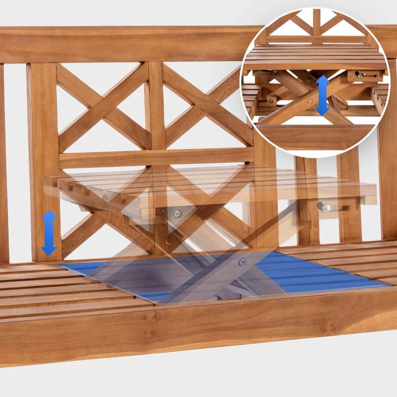 Banc de jardin avec accoudoirs dossier à croisillons 150 cm en bois de teck avec table rabattable centrale – 2 places 10_0007971