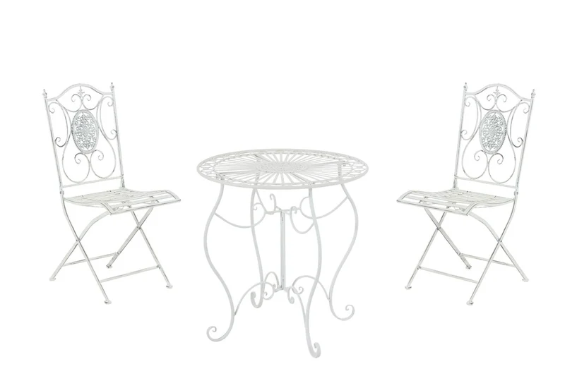 Ensemble table avec deux chaises de jardin design rustique en métal blanc effet vieilli 10_0007978