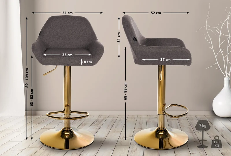 Lot de 2 tabourets de bar repose-pieds en forme d'arc en métal doré assise en tissu gris foncé TDB10793