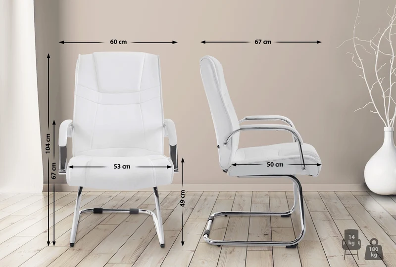 Lot de 2 fauteuils de bureau sans roulettes accoudoirs chaise visiteur charge maximale 180 kg en PVC blanc cadre en métal 10_0008325