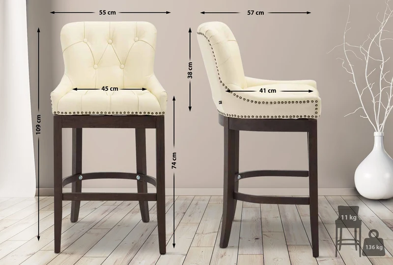 Tabouret de bar x1 assise en cuir véritable crème piètement en bois (H 109 cm) 10_0005056