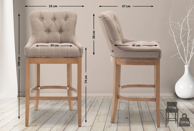 Tabouret de bar x1 confortable design rétro assise capitonné en tissu taupe pieds en bois clair 10_0005065
