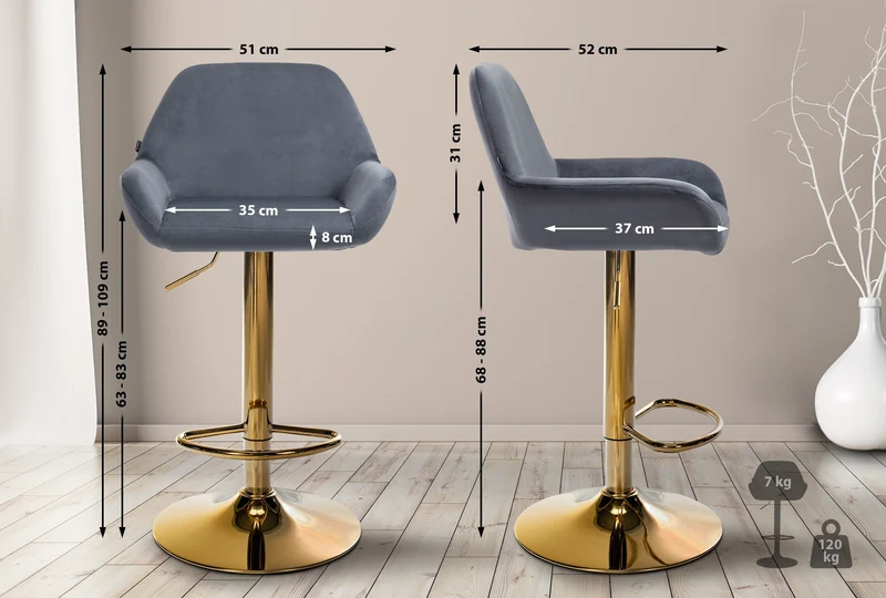 Tabouret de bar x1 repose-pieds en forme d'arc en métal doré assise en velours gris foncé 10_0004541
