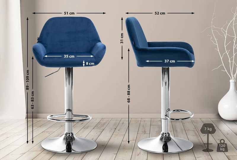 Lot de 2 tabourets de bar repose-pieds en forme d'arc en métal chromé assise en velours bleu TDB10788
