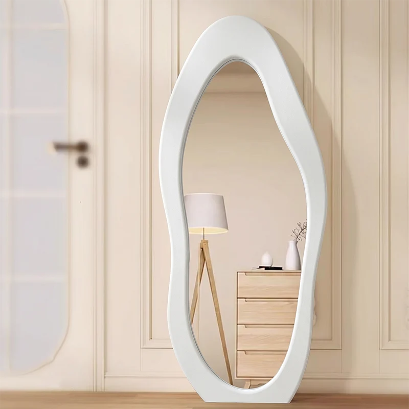 Modern Minimalist MDF Velvet Glass Wavy Full-Length Floor Mirror For Bedroom & Living Room