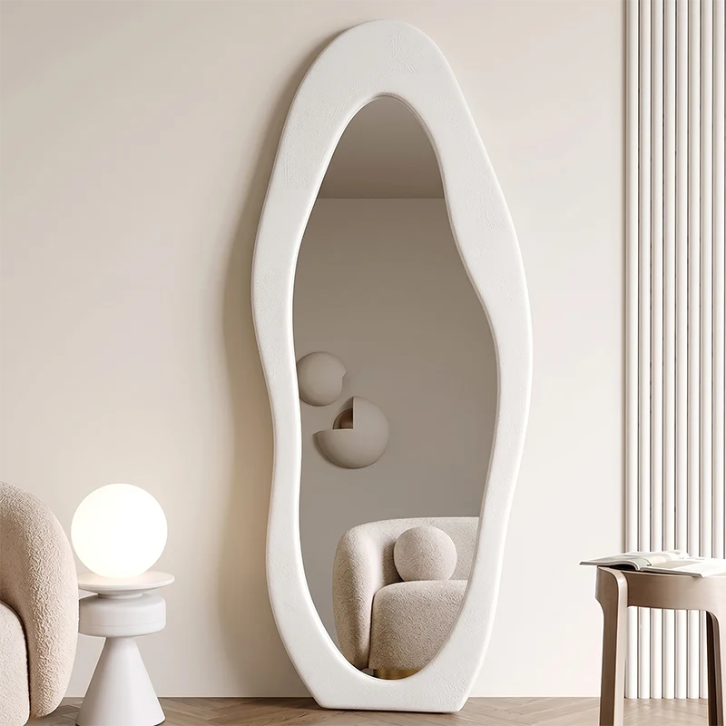 Modern Minimalist MDF Velvet Glass Wavy Full-Length Floor Mirror For Bedroom & Living Room