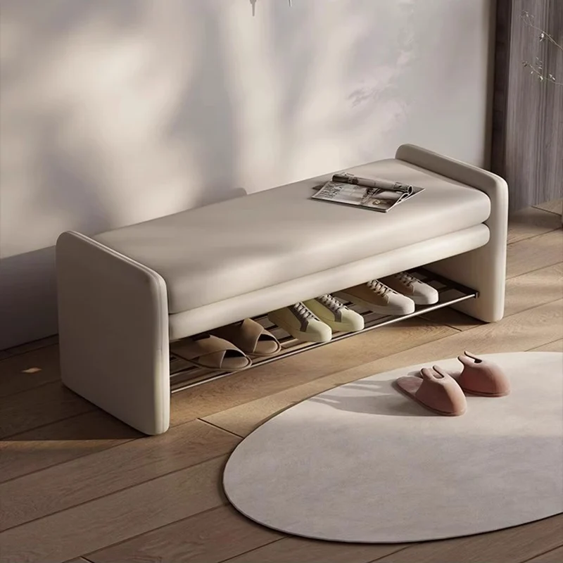 Modern Luxury Cat Scratch Leather Plywood Metal Rounded Rectangular Shoe Bench With Storage For Entryway
