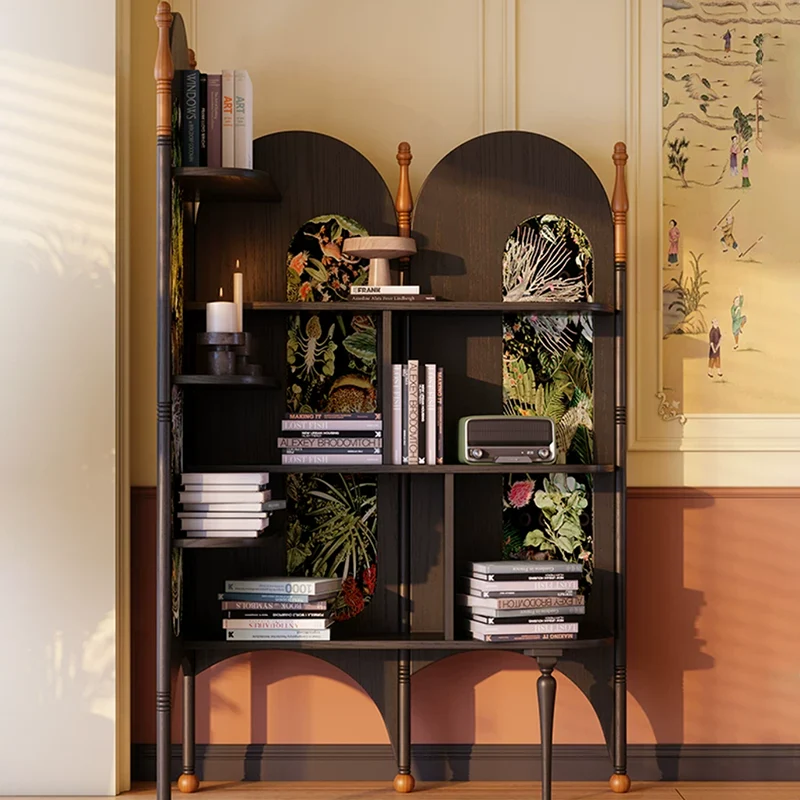 Rustic Study Solid Ash Wood Corner Shelf Unit - French Bookshelf With 4/6-Tier Storage With Velvet Accents, Room Divider For Living Room