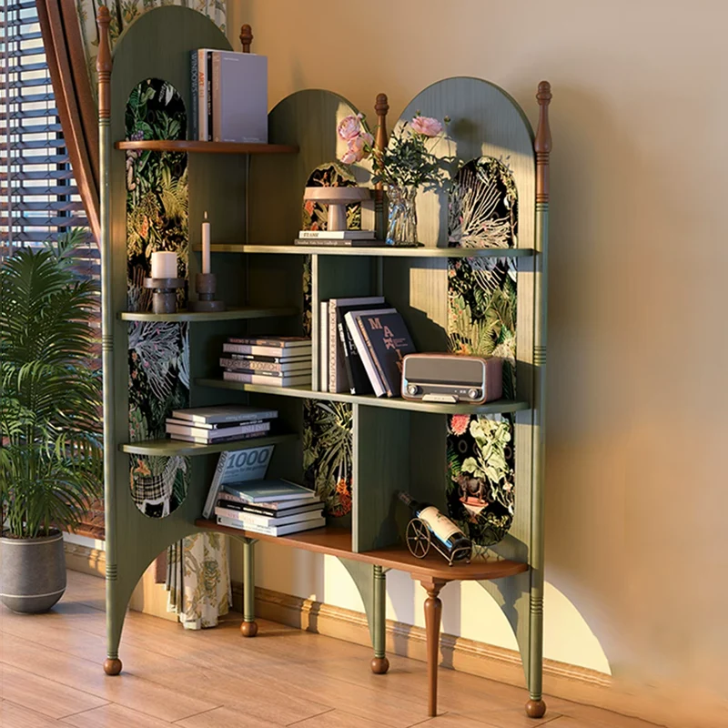 Rustic Study Solid Ash Wood Corner Shelf Unit - French Bookshelf With 4/6-Tier Storage With Velvet Accents, Room Divider For Living Room