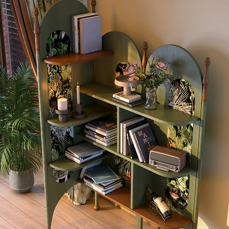 Rustic Study Solid Ash Wood Corner Shelf Unit - French Bookshelf With 4/6-Tier Storage With Velvet Accents, Room Divider For Living Room