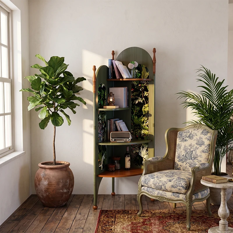 Rustic Study Solid Ash Wood Corner Shelf Unit - French Bookshelf With 4/6-Tier Storage With Velvet Accents, Room Divider For Living Room