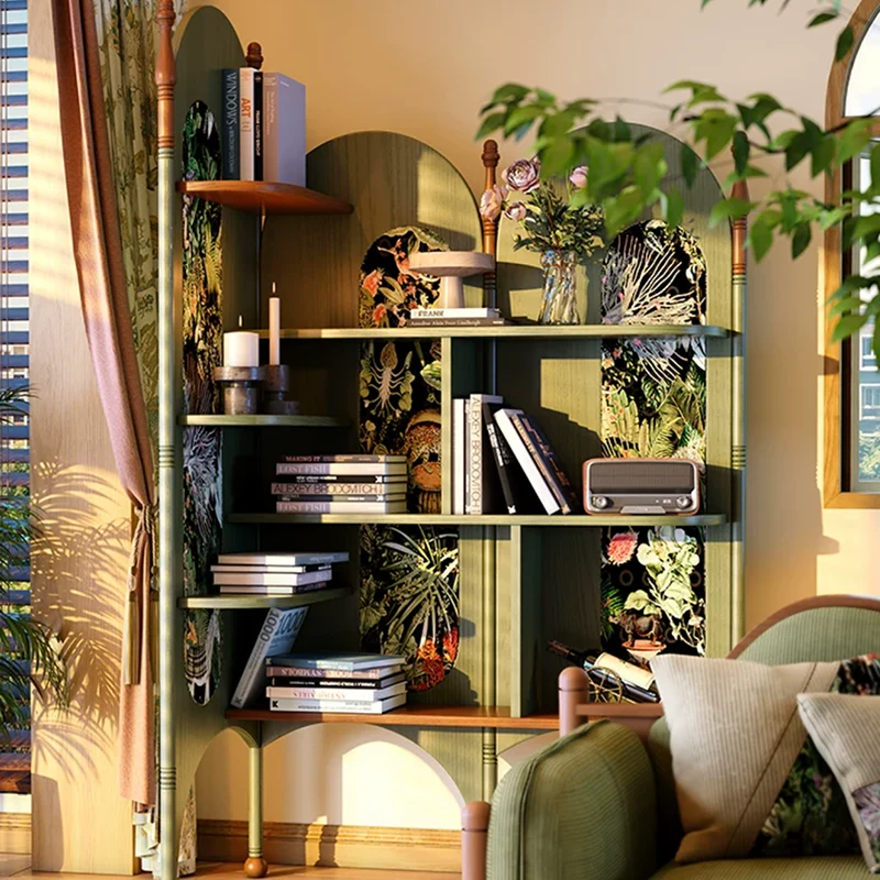 Rustic Study Solid Ash Wood Corner Shelf Unit - French Bookshelf With 4/6-Tier Storage With Velvet Accents, Room Divider For Living Room