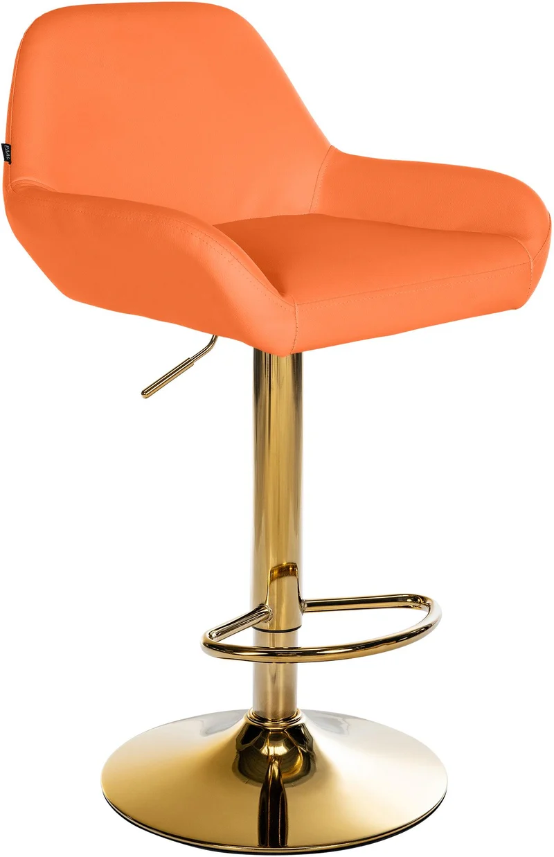 Tabouret de bar x1 en similicuir orange hauteur réglable 63-83 cm pivotant 360° piètement métal doré avec dossier et repose-pieds 10_0006477