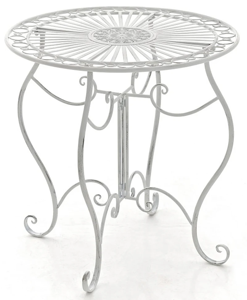 Table de jardin ronde style rustique en fer forgé blanc vieilli 10_0003044