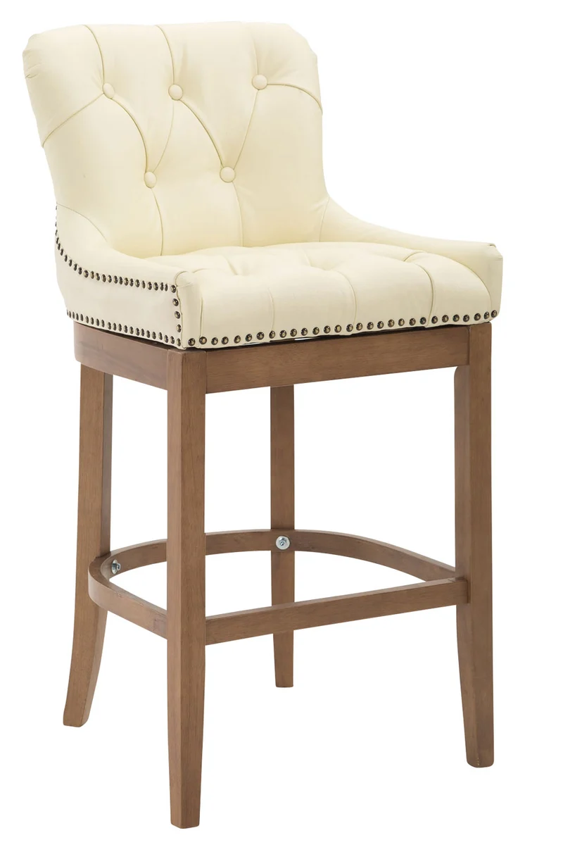 Tabouret de bar x1 confortable design rétro assise capitonné en cuir véritable crème pieds en bois clair 10_0001059