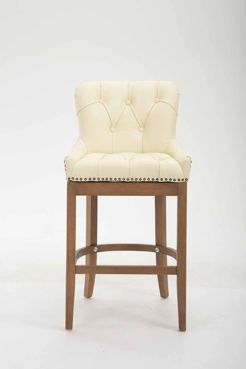 Tabouret de bar x1 confortable design rétro assise capitonné en cuir véritable crème pieds en bois clair 10_0001059