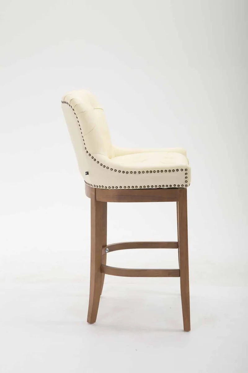 Tabouret de bar x1 confortable design rétro assise capitonné en cuir véritable crème pieds en bois clair 10_0001059