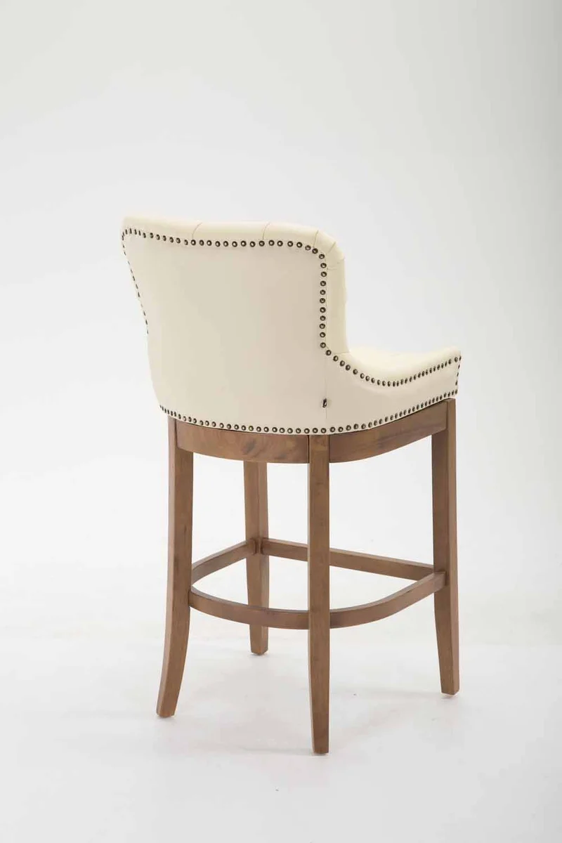 Tabouret de bar x1 confortable design rétro assise capitonné en cuir véritable crème pieds en bois clair 10_0001059