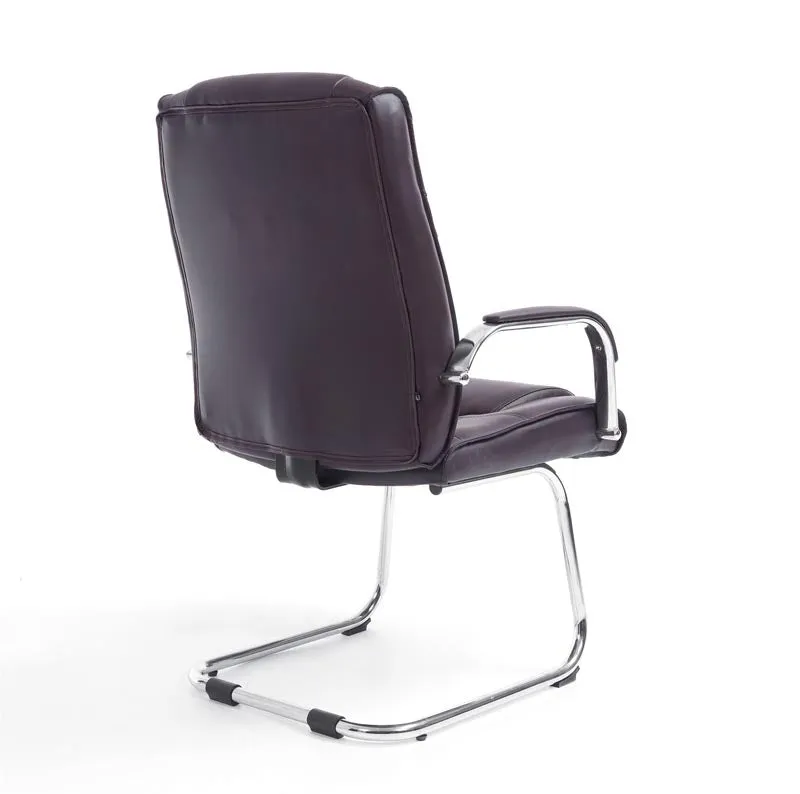 Fauteuil de bureau sans roulettes accoudoirs chaise visiteur charge maximale 180 kg en PVC marron cadre en métal 10_0003248