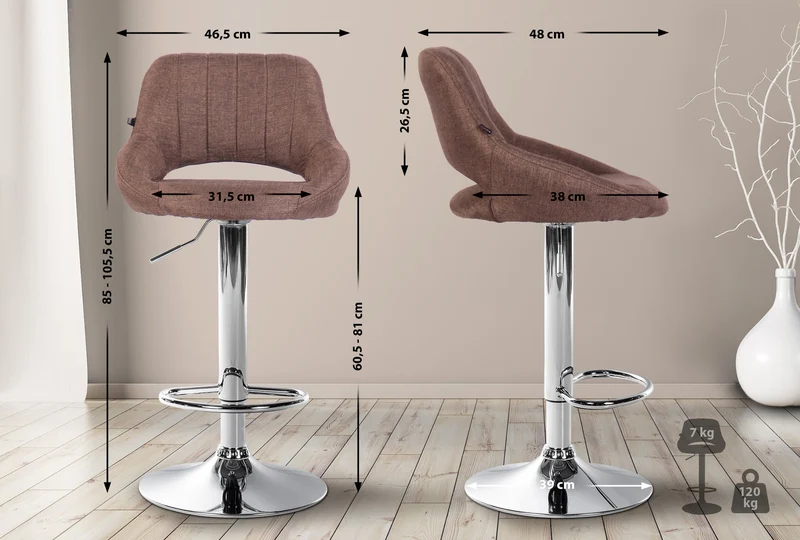 Lot de 2 tabourets de bar avec repose-pieds pivotant et réglable en tissu marron et métal TDB10810