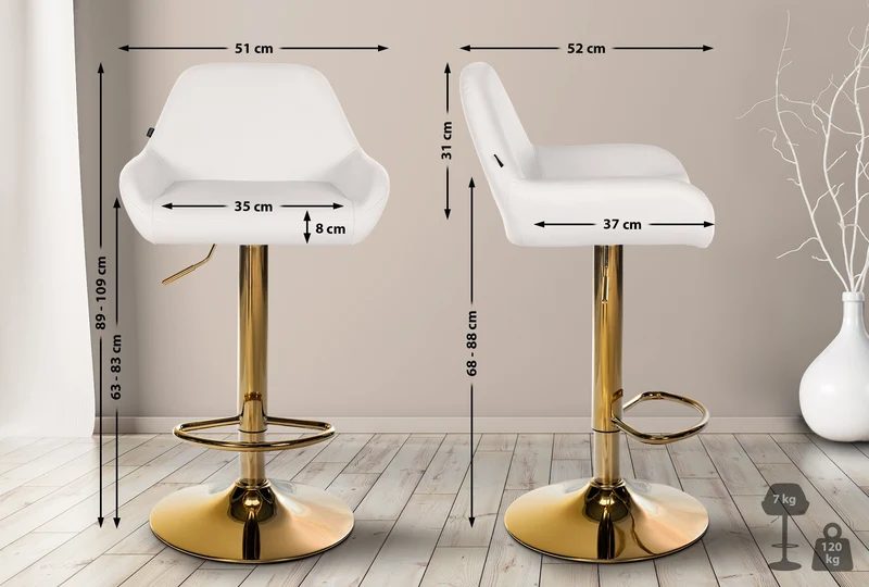 Lot de 2 tabourets de bar repose-pieds en forme d'arc en métal doré assise en PVC blanc TDB10800