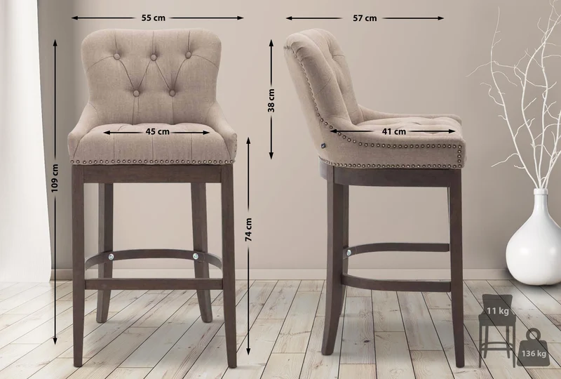 Tabouret de bar x1 assise en tissu taupe rembourré et piètement bois H 109 cm 10_0005061