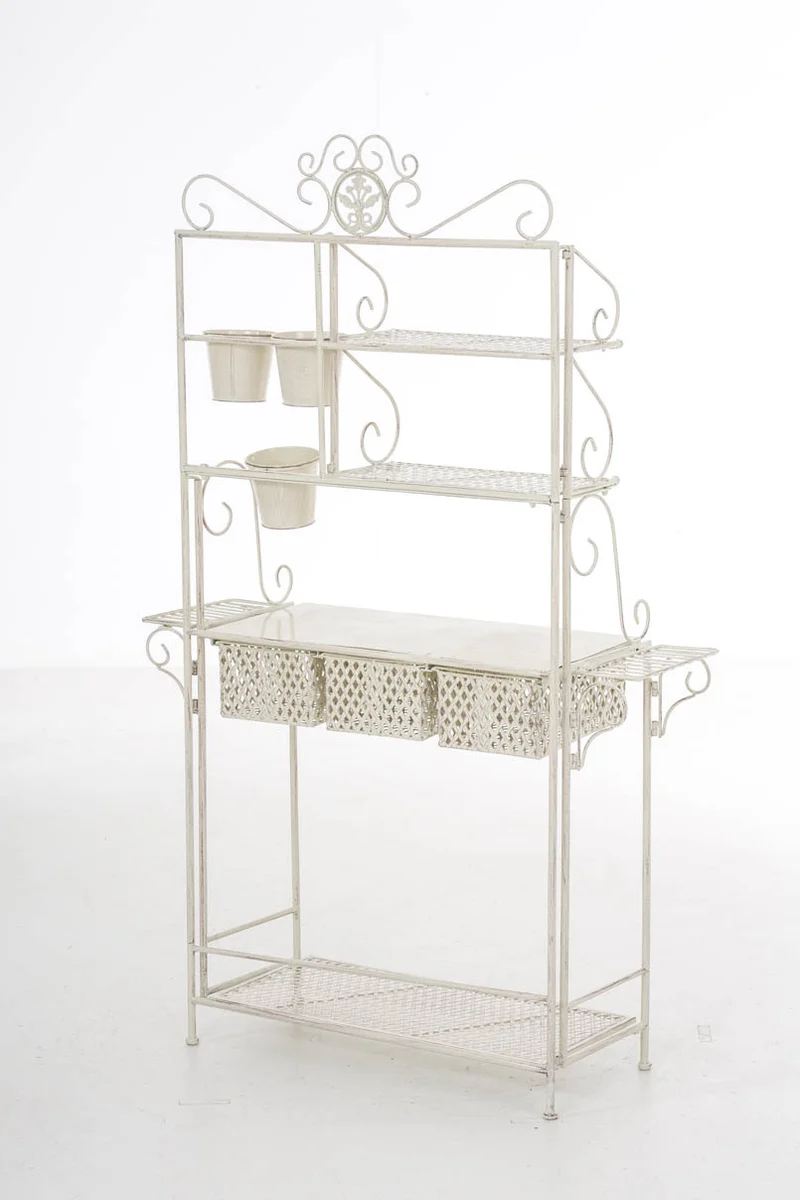 Etagère de rangement pour véranda jardin balcon pliable fleur plante avec paniers en métal crème vieilli 10_0004014