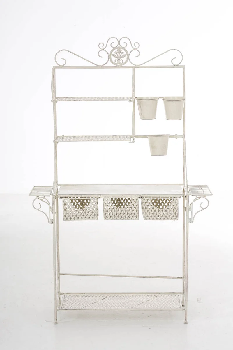 Etagère de rangement pour véranda jardin balcon pliable fleur plante avec paniers en métal crème vieilli 10_0004014