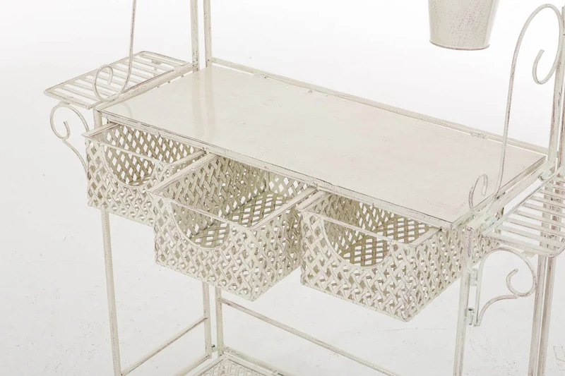 Etagère de rangement pour véranda jardin balcon pliable fleur plante avec paniers en métal crème vieilli 10_0004014