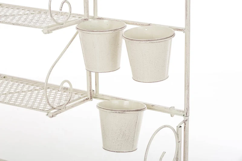 Etagère de rangement pour véranda jardin balcon pliable fleur plante avec paniers en métal crème vieilli 10_0004014