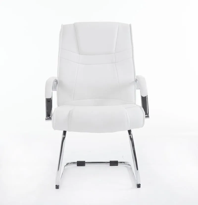 Fauteuil de bureau sans roulettes accoudoirs chaise visiteur charge maximale 180 kg en PVC blanc cadre en métal 10_0003249