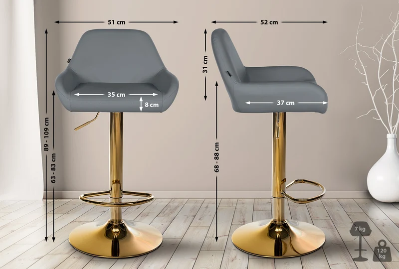 Tabouret de bar x1 avec repose-pieds et dossier bas desig moderne assise en PVC gris cadre métal doré 10_0006149