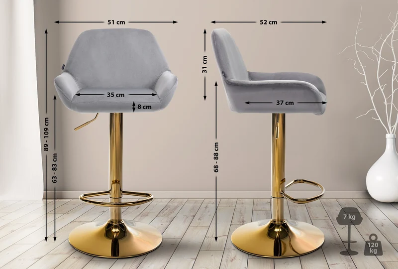 Tabouret de bar x1 repose-pieds en forme d'arc en métal doré assise en velours gris 10_0004542