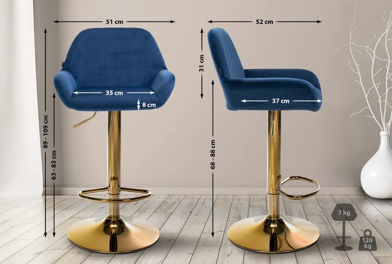 Lot de 2 tabourets de bar repose-pieds intégré revêtement velours bleu structure en métal doré TDB10735