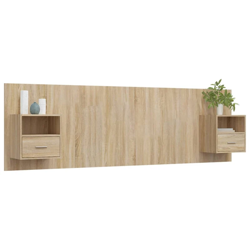 Tête de lit accessoire couchage chambre à coucher meuble avec chevet intégré étagère MDF marron clair TDL0205821