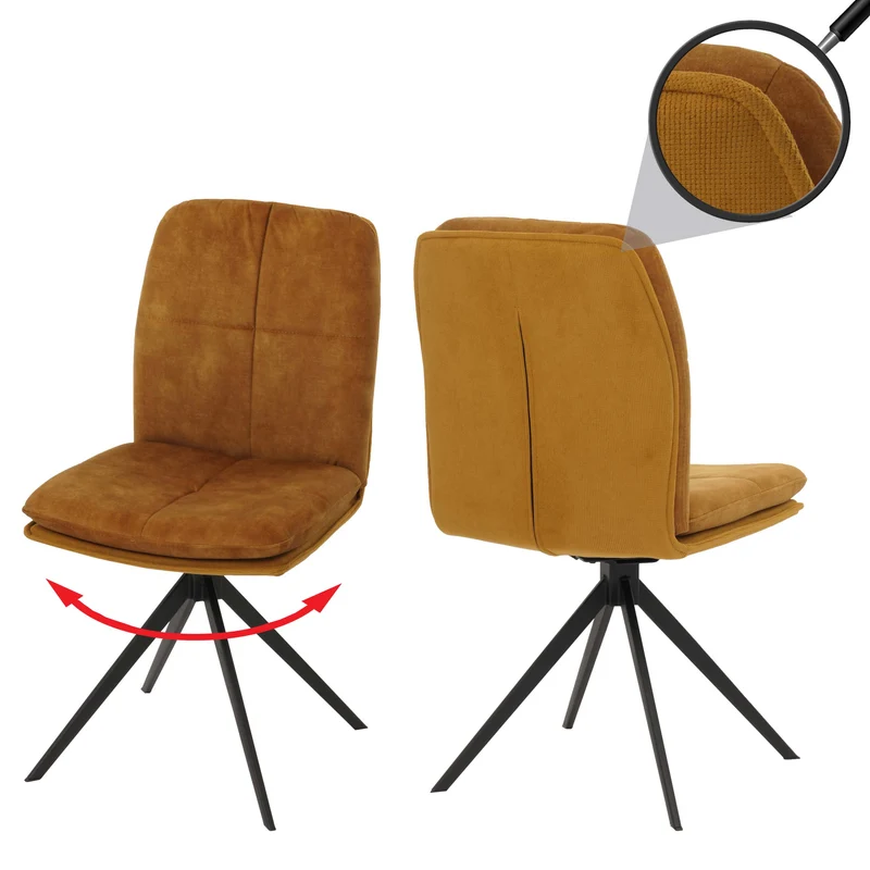 Ensemble de 2 chaises de salle à manger rotative pieds métallique assise en tissu jaune coutures décoratives 04_0006621