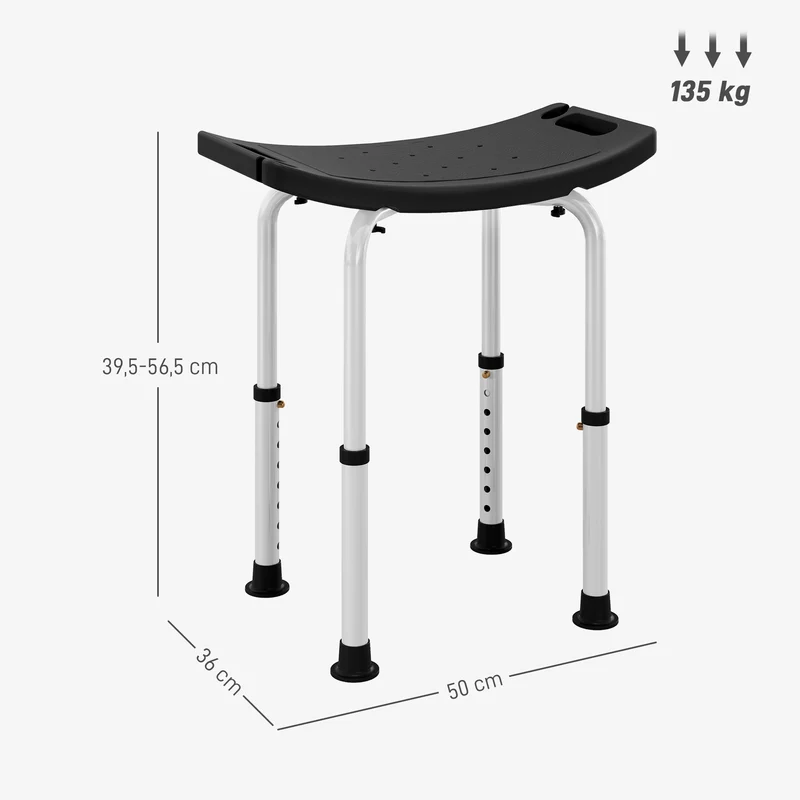 Tabouret de douche pour personnes âgées 50 x 36 x 39,5-56,5 cm antidérapant réglable moderne épuré en aluminium noir 21_0000903