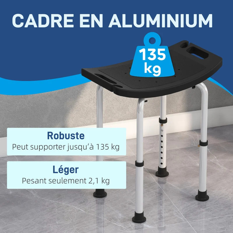 Tabouret de douche pour personnes âgées 50 x 36 x 39,5-56,5 cm antidérapant réglable moderne épuré en aluminium noir 21_0000903