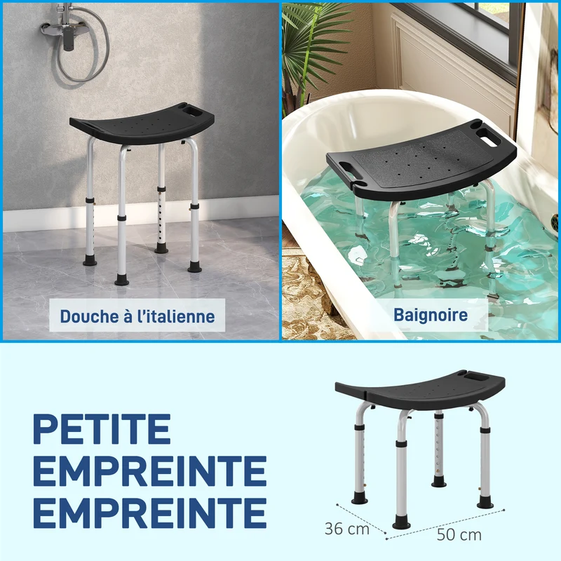 Tabouret de douche pour personnes âgées 50 x 36 x 39,5-56,5 cm antidérapant réglable moderne épuré en aluminium noir 21_0000903