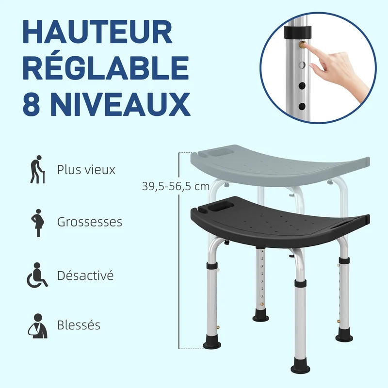 Tabouret de douche pour personnes âgées 50 x 36 x 39,5-56,5 cm antidérapant réglable moderne épuré en aluminium noir 21_0000903