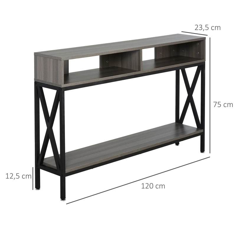 Table console d'entrée industrielle 120 x 23.5 x 75 cm multi rangements étagère basse style contemporain en bois gris 21_0002612